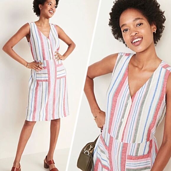NWT Old Navy Striped Button-Front Linen-Blend Fit & Flare Dress for Women - Picture 1 of 4